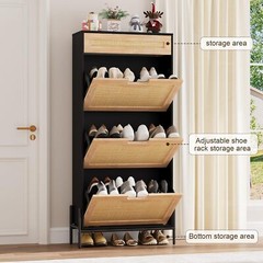 Rattan Shoe Storage Cabinet with 3 Flip Drawers ,Modern Shoe Rack for Entryway