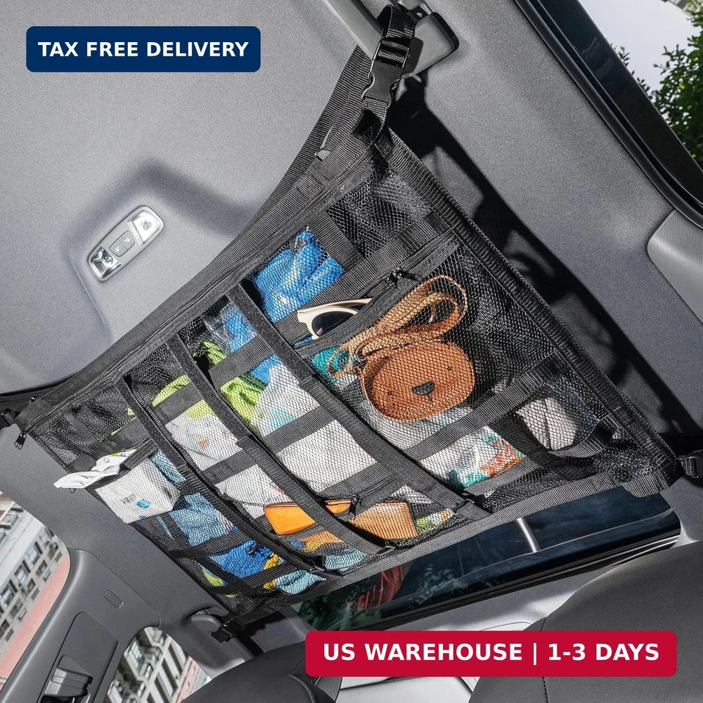 Car Ceiling Cargo Net with 3 Pockets,31.5″x21.6″ Car Overhead Storage Mesh Organ