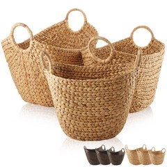 3pc Hyacinth Wicker Boat Baskets, Storage Tote Bins for Laundry, Blankets, Toys