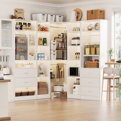 Corner Walk-in Closet Organizer System with 5 Wooden Drawers & Storage Shelves