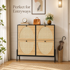 Rattan Shoe Storage Cabinet 4 Flip Down Doors Narrow Entryway Hallway Organizer