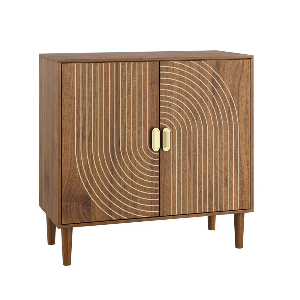 Line Groove Walnut Buffet Sideboard Cabinet 2 Door Accent Storage Cabinet