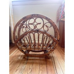 Vintage MCM Rattan Magazine Rack Burnt Bamboo Boho Circle Record Holder 16.5in