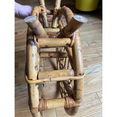 Vintage MCM Rattan Magazine Rack Burnt Bamboo Boho Circle Record Holder 16.5in
