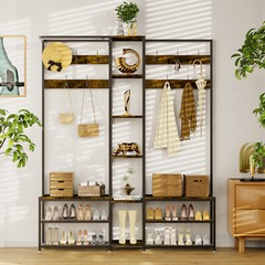 Coat Rack Hall Tree with Bench Entryway Corner Coat Stand 6 in 1 Large Organizer