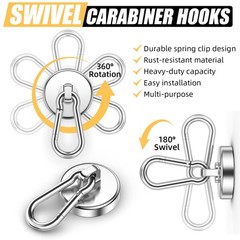 8 Pack 100LBS Neodymium Magnet Hooks with Swivel Carabiner, Strong Heavy Duty