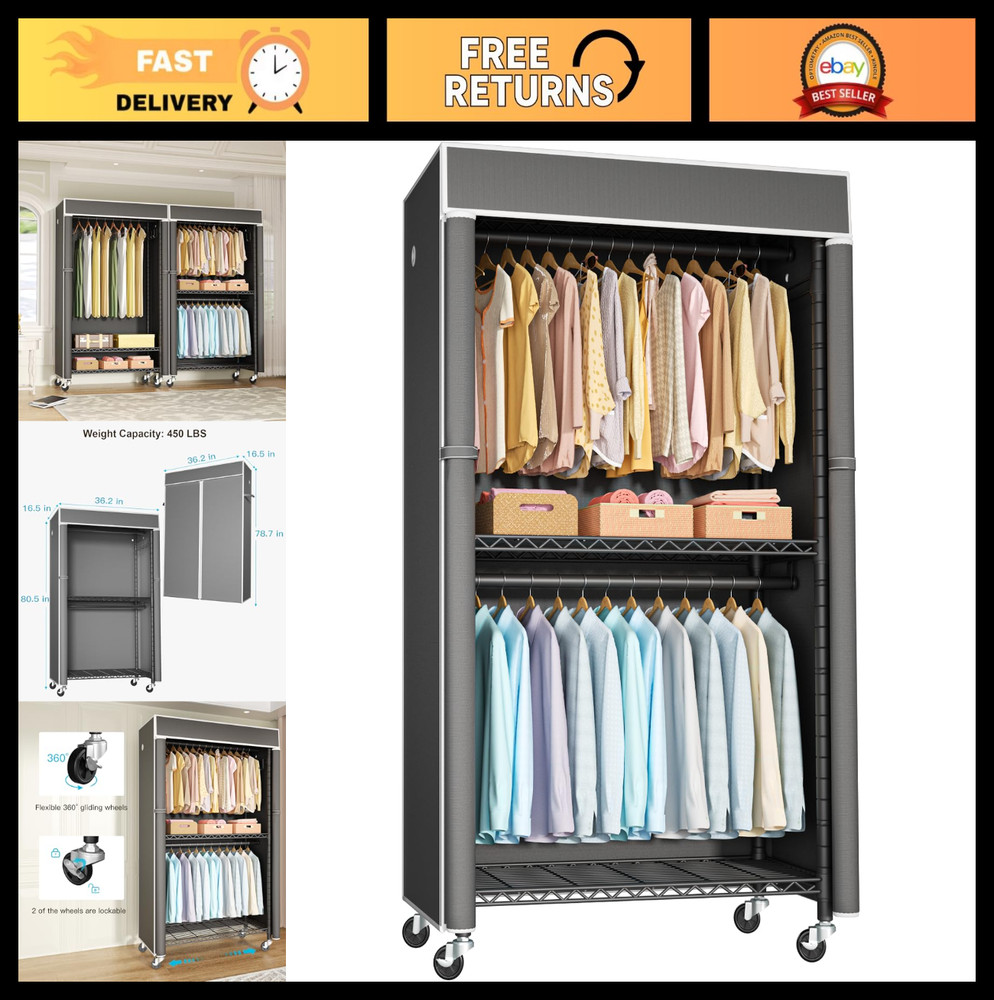 Rolling Clothing Rack with Cover, Metal Garment Storage Wardrobe, 450 lbs Capaci