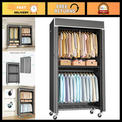 Rolling Clothing Rack with Cover, Metal Garment Storage Wardrobe, 450 lbs Capaci