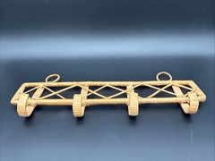 VTG 70s Rattan Wicker Wall Coat Rack 4 Hooks Diamond Lattice Jiangsu China Boho