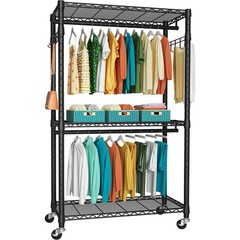 FUTASSI P1 Heavy Duty Garment Rack, 3 Tiers Adjustable Rolling Metal Closet O…
