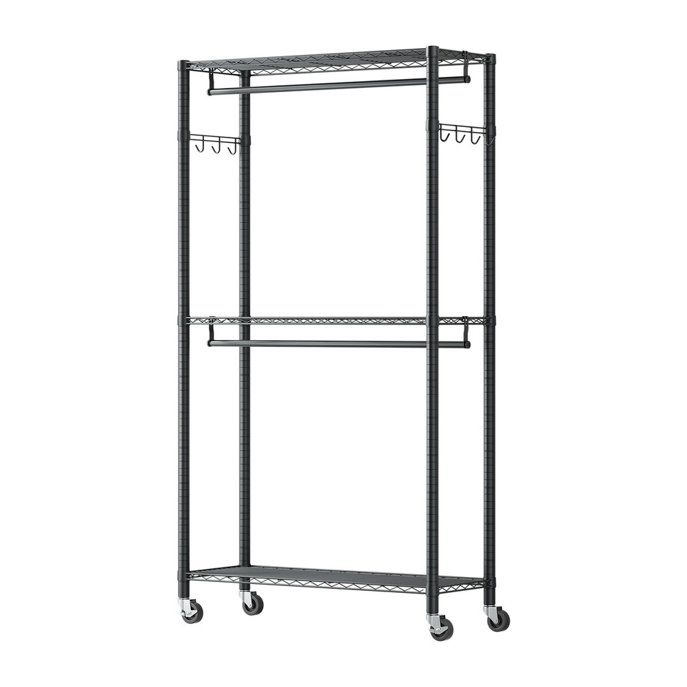 Uimoso Adjustable 3-Tier Rolling Garment Rack for Clothing Storage, Black
