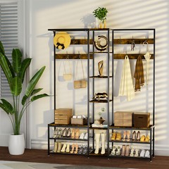 Coat Rack Hall Tree with Bench Entryway Corner Coat Stand 6 in 1 Large Organizer