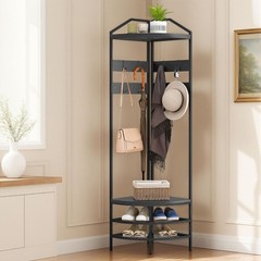 Corner Hall Tree Industrial 4-Tier Coat Rack with Shoe Storage 8 Movable Hooks