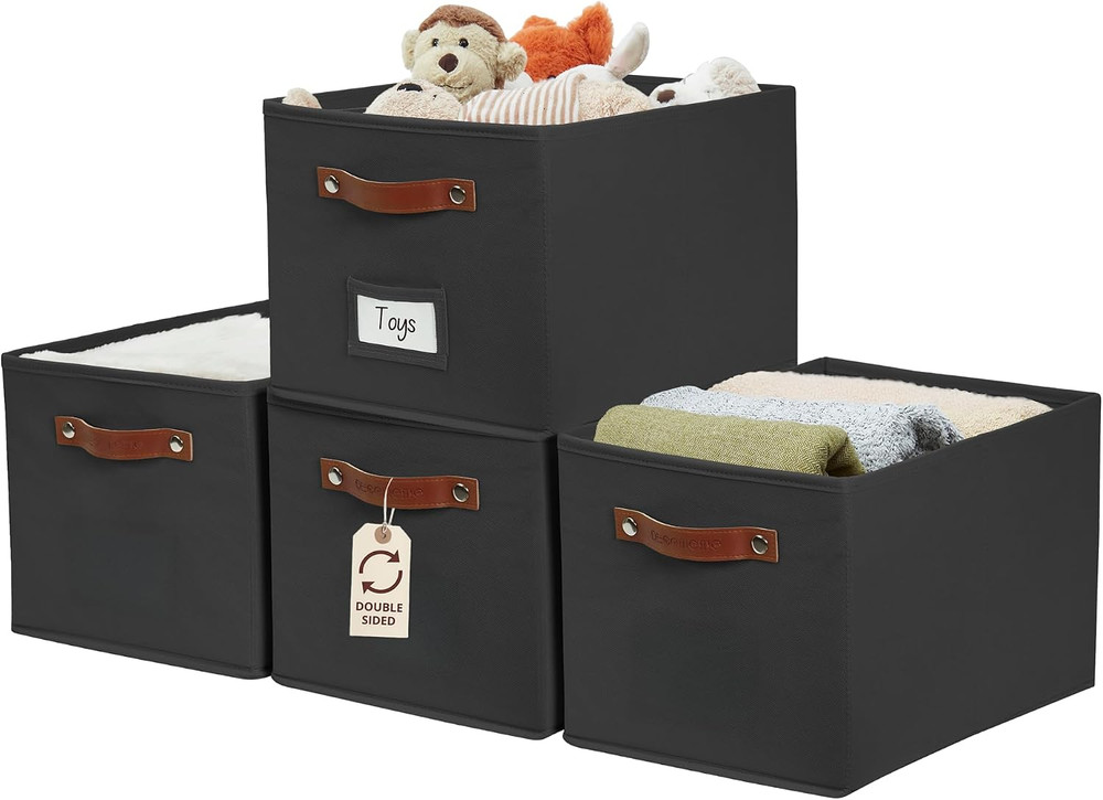 Large Black Fabric Storage Bins with Labels & Handles – 4 Pack