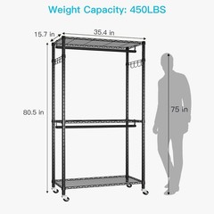 FUTASSI P1 Heavy Duty Garment Rack, 3 Tiers Adjustable Rolling Metal Closet O…