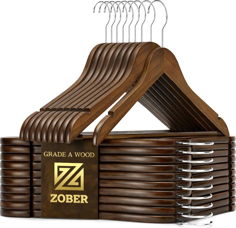 20 Pack Wooden Clothes Hangers, Non-Slip with Bar & Notches for Suits Coats