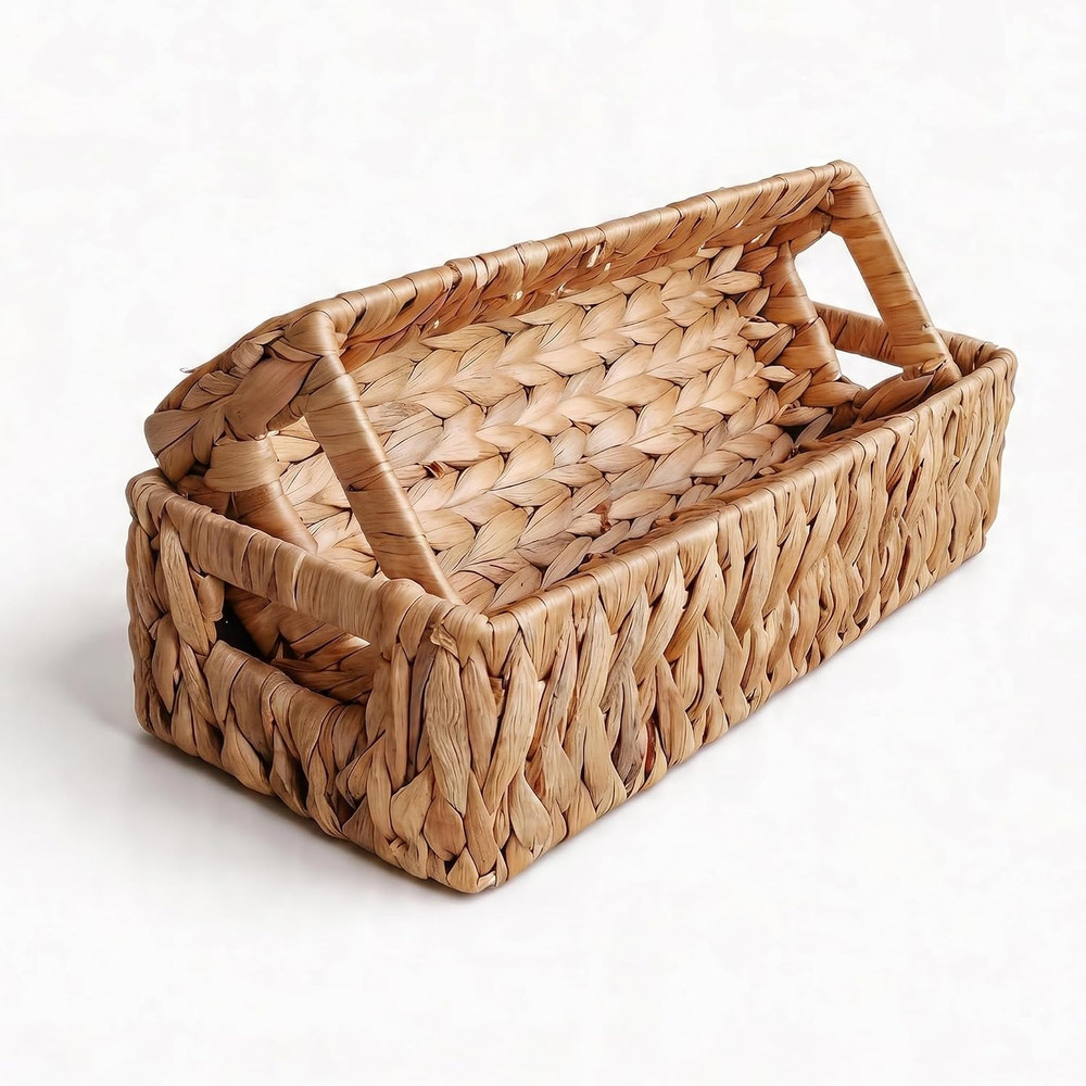 Natural Water Hyacinth Storage Baskets, Set of 2, Hand-Woven Farmhouse Style