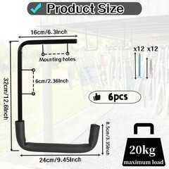 6 PCS Overhead Garage Storage Rack 9.45×12.6 Inch Ceiling Mount Ladder Hook