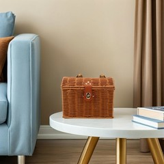 Traditional Style Light Brown Woven Mahjong Storage Box with Handle and Lid