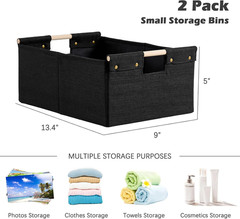 2PCS Black Cotton Linen Storage Bins with Wooden Handles – Foldable & Washable