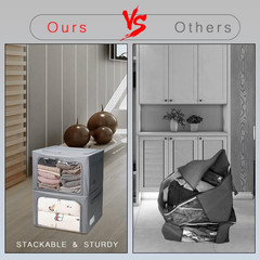 Stackable Storage Bins with Clear Window – 3 Pack Foldable Organizer Set, Grey