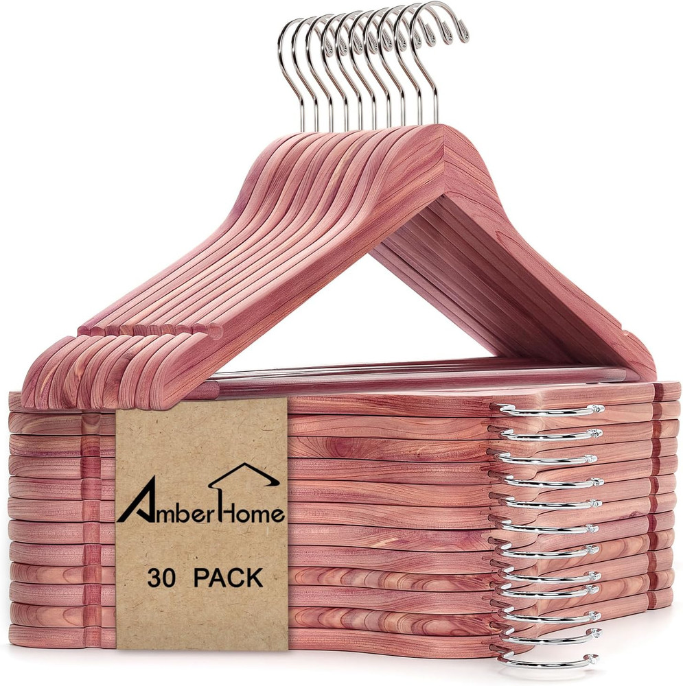 30 Pack Cedar Coat Hangers, Wooden Suit Hangers with Non-Slip Pant Bar, Cedar Ha