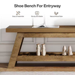 17In. H X 55 In. W Walnut Wood Shoe Storage Bench, 2-Tier Foyer Seating Bench wi