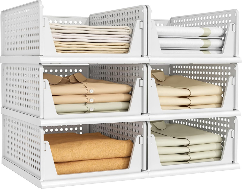 6 Pack Closet Organizers Storage Bins, Stackable Plastic Drawer Basket for Cloth