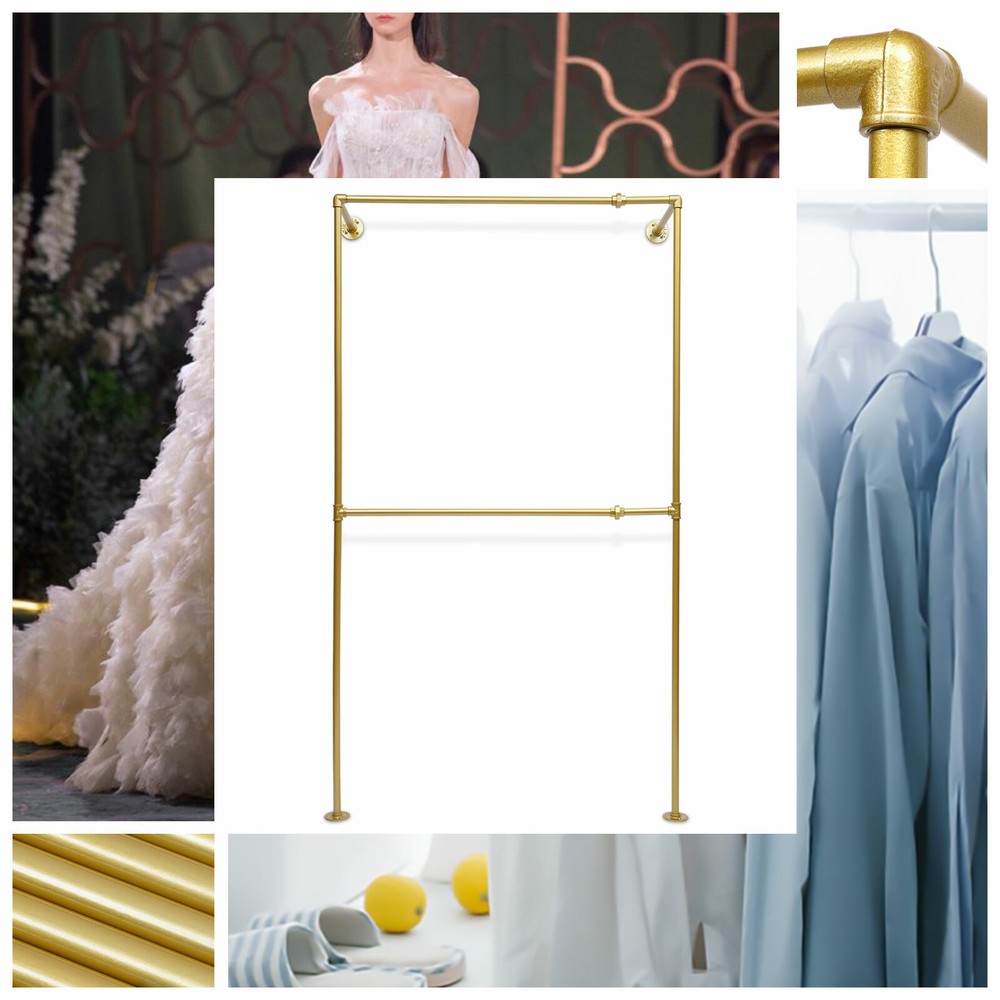 Industrial Pipe Clothes Rack Iron Garment Bar Closet Storage Gold Wall Mounted