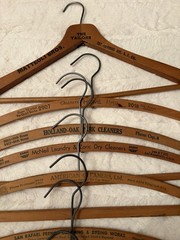 Ten Vintage Wooden Advertising Clothes Hangers, Metal Hooks, Traditional 16in