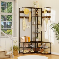 6-in-1 Entryway Hall Tree with Bench and Shoe Storage Shelves Vintage Coat Rack