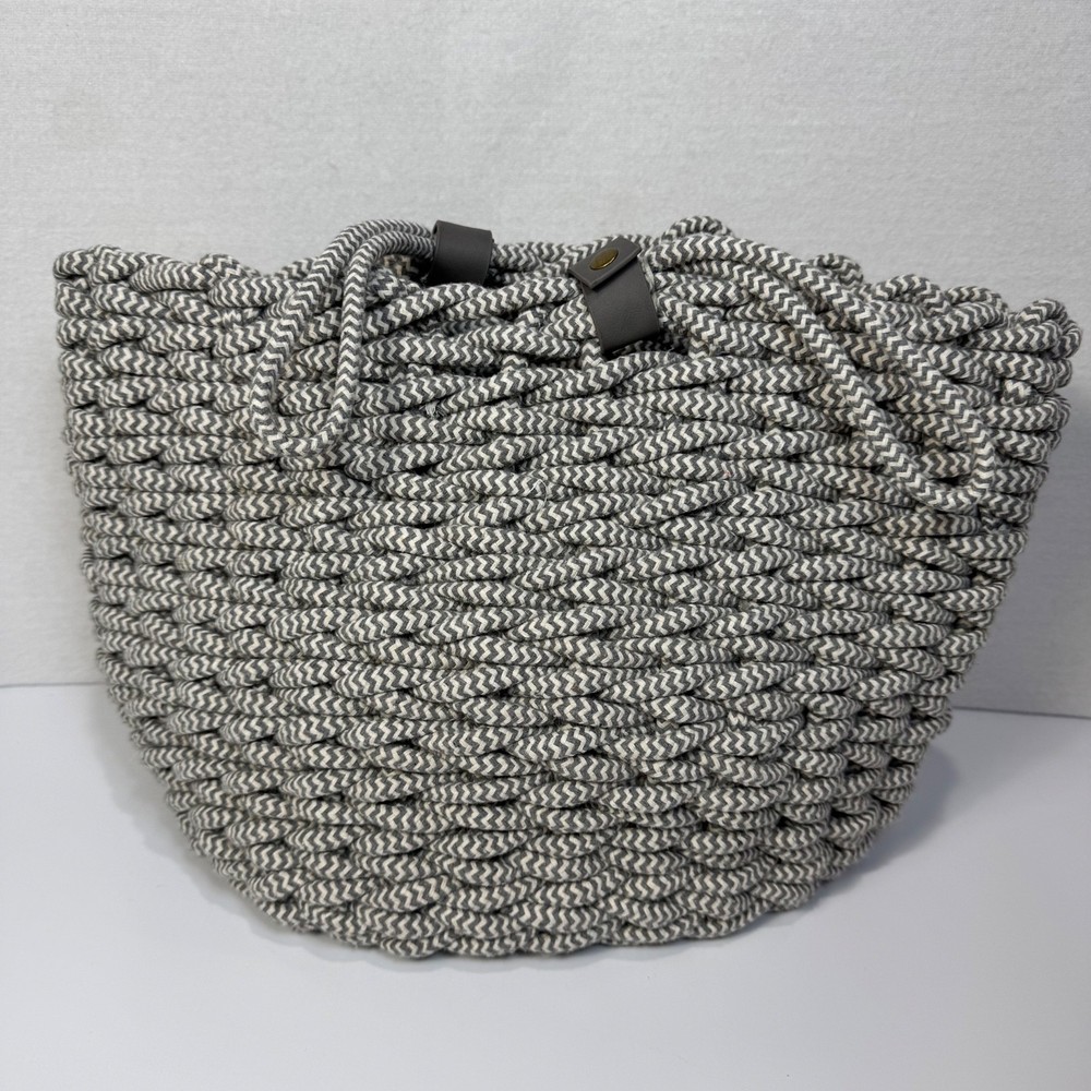 Project 62 Coiled Rope Basket Tote Fishtail Weave Gray White Faux Leather Accent