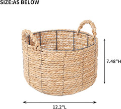 Large Round Wicker Storage Basket with Handles – 12” x 7” Water Hyacinth Bin