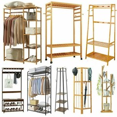 Metal/Wooden/Bamboo Coat Stand Clothes Hanging Rail Rack Shelf Closet Organizers