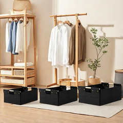 2PCS Black Cotton Linen Storage Bins with Wooden Handles – Foldable & Washable