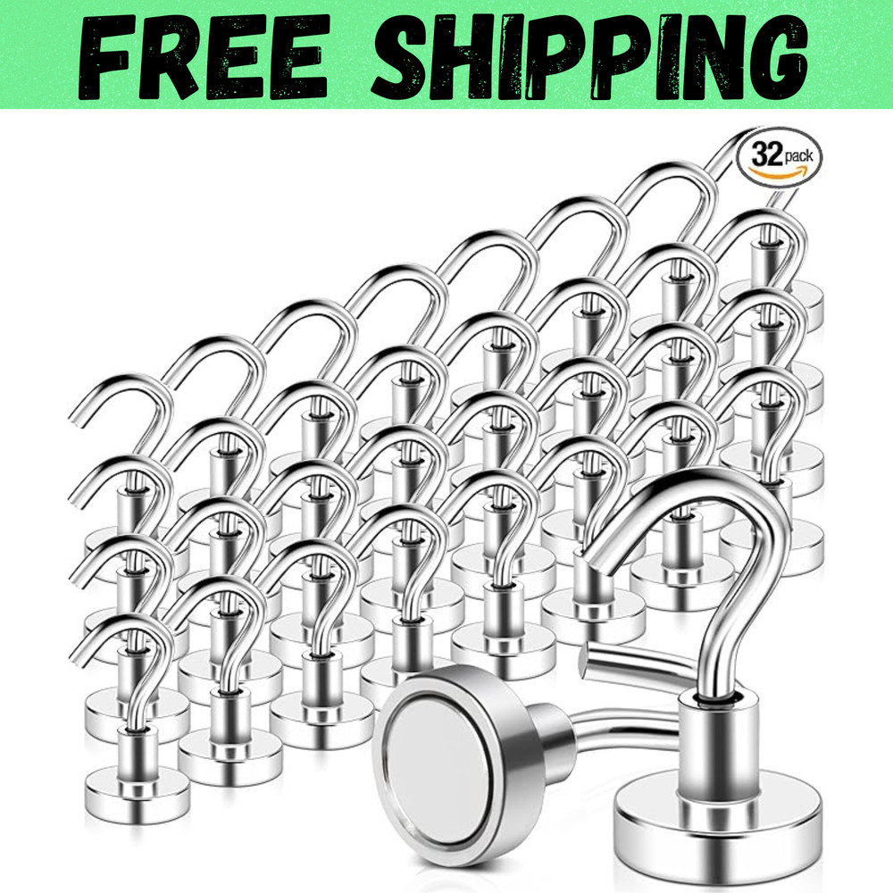 32 Pack Magnetic Hooks Heavy Duty, 25 lbs Strong Magnet Hooks – Multipurpose
