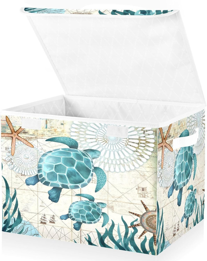 Vintage Ocean Turtle Storage Bins with Lids – Collapsible Organizer Baskets