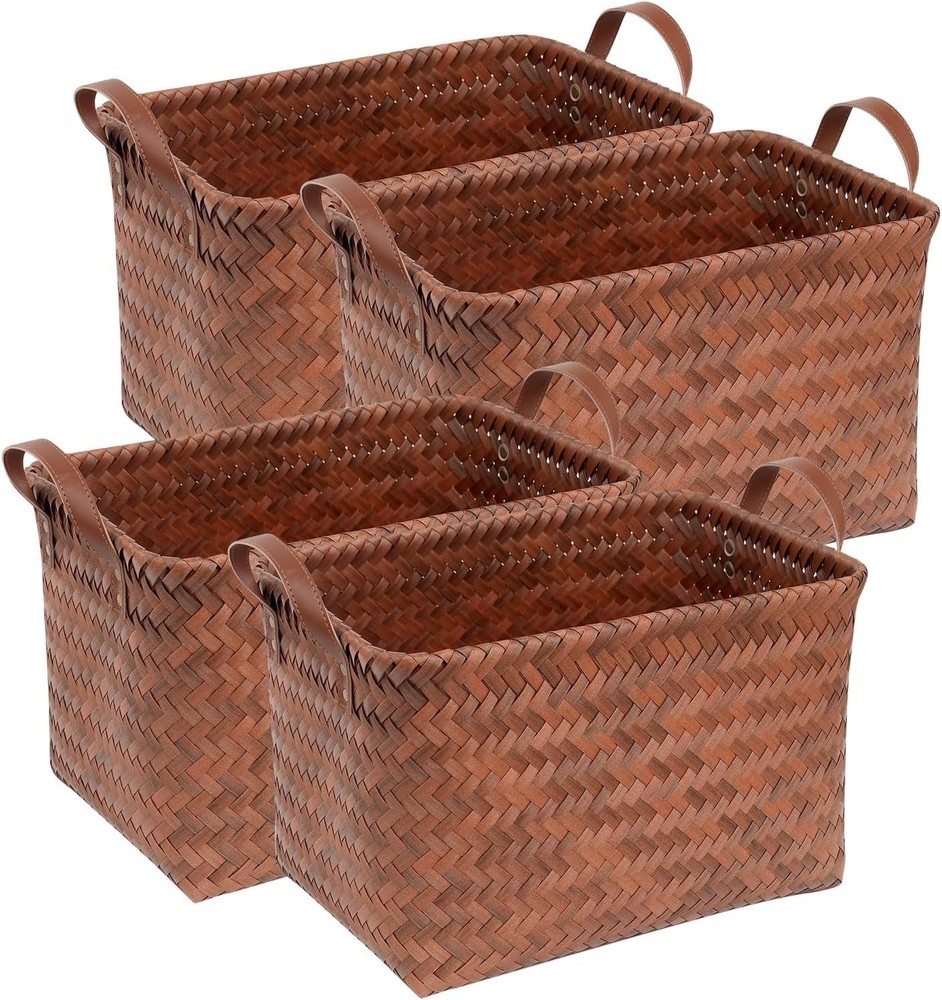 4-Pack Brown Wicker Storage Baskets , 15×10.5×9.5 inch Laundry & Organizer Bins,