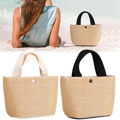 Women Boho Woven Handbag Beach Tote Straw & PU Leather Bag Rattan Shoulder Lady