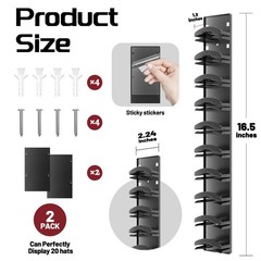 Hat Organizer Hold up to 20 Hats, 2 Pack Hat Rack for Wall with Strong Adhesi…