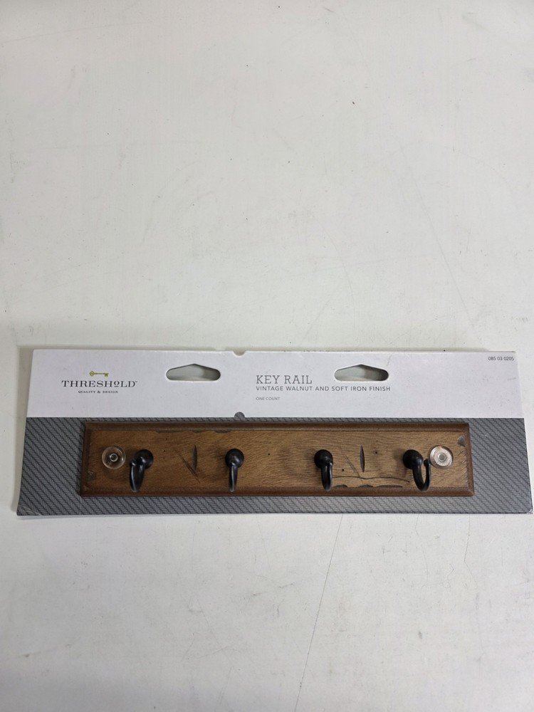 Threshold 4 Hook Key Rail 8 ¾“ Vintage Walnut & Soft Iron Finish.