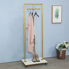 Industrial Gold Pipe & Wood Garment Rack – Heavy Duty Display Shelf
