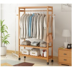 Bamboo Clothes Rail Rack Garment Storage Organizer Hanging Shelf On-Wheels DIY