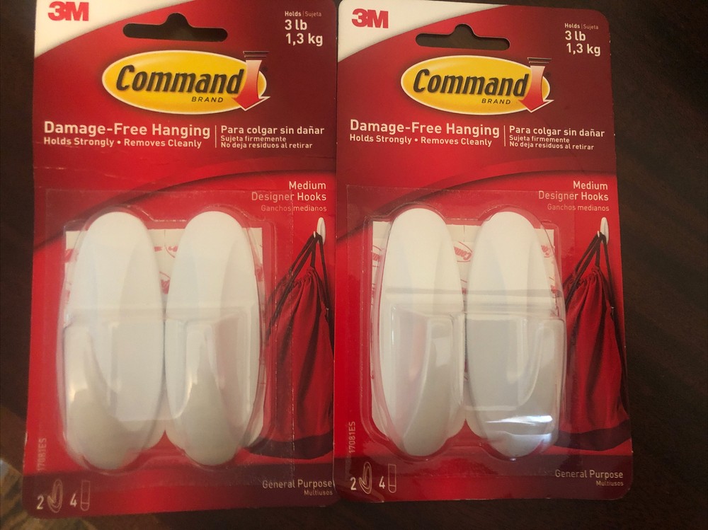 4 COMMAND 3 LB MEDIUM DESIGNER HOOKS ~ 2 PACKS OF 2 EACH