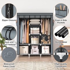 Portable Closet Wardrobe with Shelves and Cover for Clothes Storage Grey