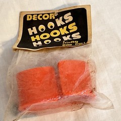 2 In Pkg Vintage 1970s Orange Hard Plastic J Shape Wall Mount Decor Hooks NOS