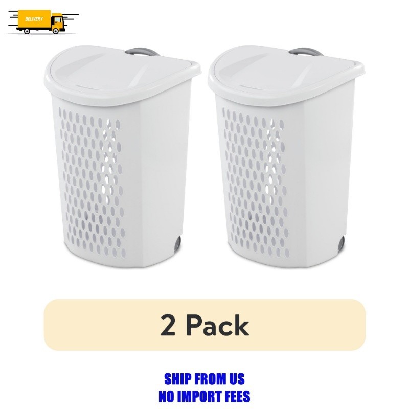 (2 pack) Sterilite Ultra Wheeled Hamper, Plastic Laundry Hamper with Wheels for
