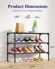 Kitsure 3 Tier Non-Woven Shoe Rack 27.5″ Wide Black Stackable Shoe Organizer