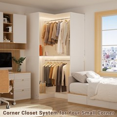 32″ Wide Wood Corner Closet Organizer System with 2 Hanging Rod & Storage Shelve