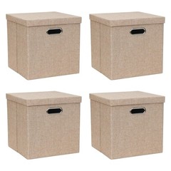 4 Pack Storage Bins With Lids Collapsible Linen Fabric Boxes 12×12 Inch